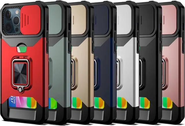 Alt view image 3 of 3 - Rugged Shockproof Heavy Duty Phone Case Slide Lens Protector Card Slot Armor Ring Stand(Black, iPhone 12 mini)
