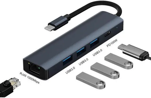 Alt view image 4 of 6 - 5 Ports to Type C Hi-Speed Transmission Lan 1000Mbps PD 100W Charging USB Hub