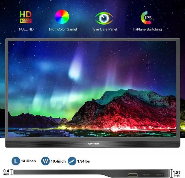 Alt view image 2 of 7 - Corprit Portable Monitor 15.6 Inch FHD 1080P USB Type-C Computer Display IPS Eye Care Screen with HDMI Type C interface and Dual Speakers for Laptop PC PS4 Xbox Phone Included Smart Cover