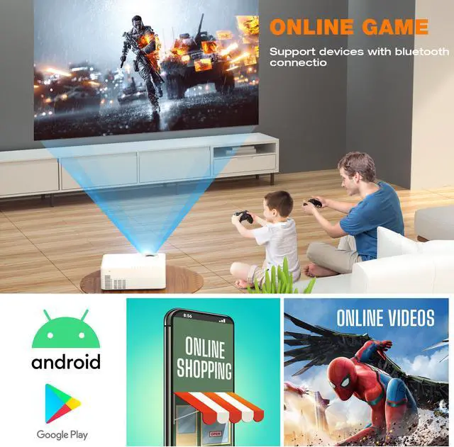 Alt view image 5 of 7 - Jeemak Mini Projector with Android 9.0 WiFi and Bluetooth 5000 Lux 1080P LED Portable Projector for Smartphone Movie Projector for Home and Outdoor Use