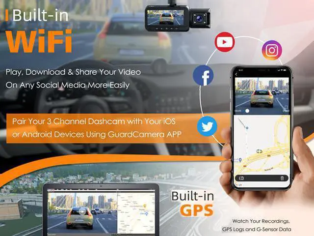 Alt view image 5 of 7 - TOGUARD 3 Channel 2K/Dual 4K Dash Cam, WDR Car Camera, 3.2" Screen Car Dash Camera, Driving Recorder with Built-in WiFi GPS, IR Night Vision, Parking Monitor, Motion Detection, Loop Recording,G-sensor
