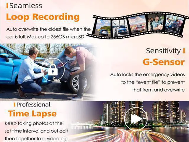 Alt view image 8 of 7 - TOGUARD 3 Channel 2K/Dual 4K Dash Cam, WDR Car Camera, 3.2" Screen Car Dash Camera, Driving Recorder with Built-in WiFi GPS, IR Night Vision, Parking Monitor, Motion Detection, Loop Recording,G-sensor