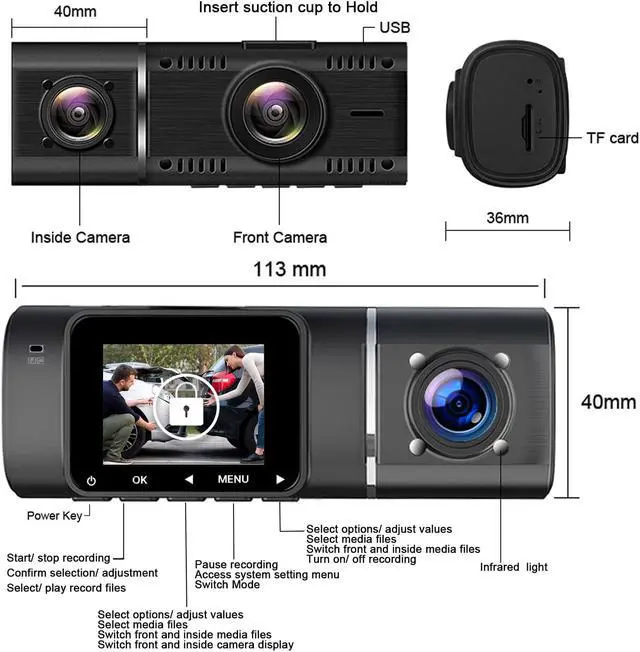 Alt view image 3 of 7 - TOGUARD Black Dash Cam FHD 1080P Front and HD 720P Inside, IR Night Vision Car Camera