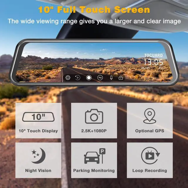 Alt view image 2 of 7 - TOGUARD 2.5K Mirror Dash Cam 10" Touch Screen 2.5K + 1080P Dual Dash Camera for Cars Night Vision Waterproof Parking Assistant Rear View Camera