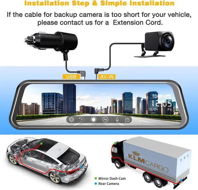 Alt view image 7 of 7 - TOGUARD 2.5K Mirror Dash Cam 10" Touch Screen 2.5K + 1080P Dual Dash Camera for Cars Night Vision Waterproof Parking Assistant Rear View Camera