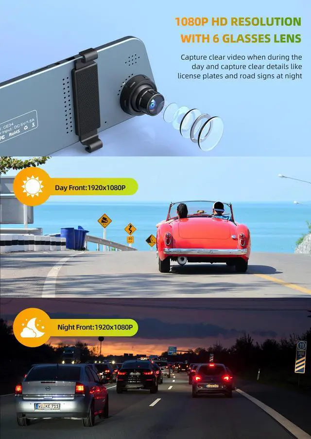 Alt view image 3 of 7 - TOGUARD Backup Camera 5" LCD Mirror Dash Cam Rear View Mirror Camera Ultra-Thin Touch Screen Full HD 1080P Dash Cam Front and Rear Dual Lens with Waterproof Rear Camera