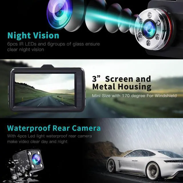 Alt view image 2 of 7 - TOGUARD Dual Dash Cam Full HD 1080P 170°Wide Angle 3.0 Front and Rear Car Camera Video Recorder with Night Vision WDR G-sensor Parking Monitor Loop Recording Motion Detection