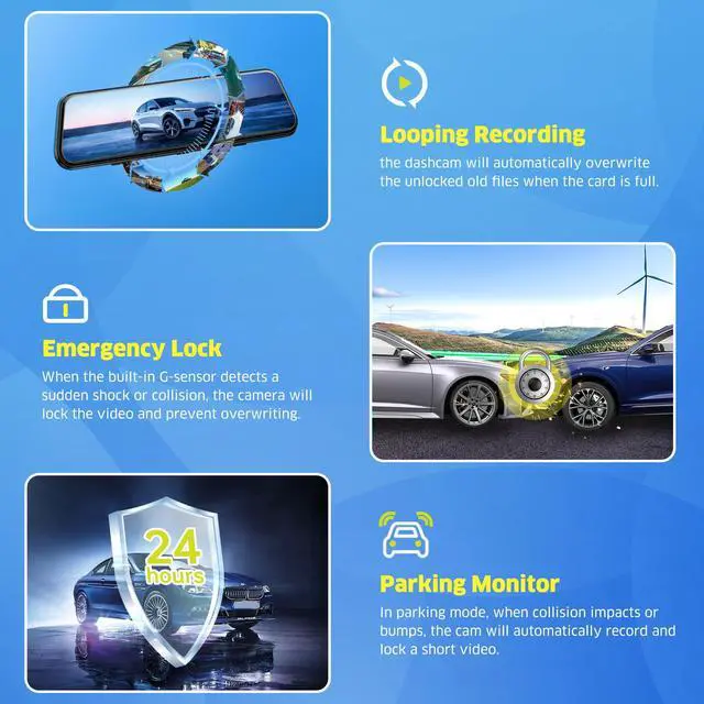 Alt view image 6 of 7 - TOGUARD Mirror Dash Cam 4K+1080P Dual Camera 10" Touch Screen Car Recorder with Voice Control Parking Monitor Reversing Assist Waterproof Rear Camera