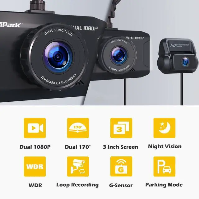 Alt view image 2 of 7 - TOGUARD Dual Dash Cam 1080P FHD 3 Inch LCD Display Car Camera ,IR Night Vision Car Camera ,Parking Mode, G-Sensor, Loop Recording, HDR