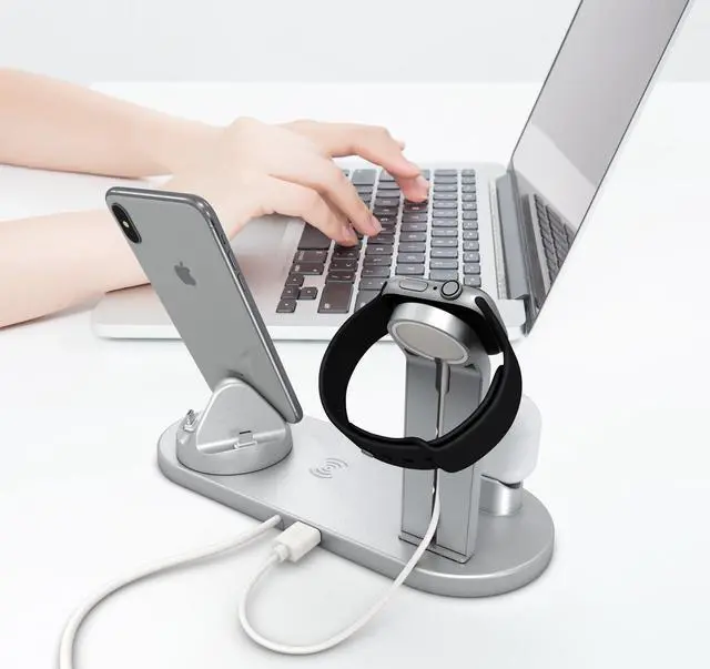Alt view image 6 of 7 - QI wireless charger, suitable for Qi fast wireless charging station of AirPods/Apple Watch series/iPhone 12/11/11 pro/11 Pro Max/XS/XS Max/XR/8/8 Plus/SE, 4 in 1 Charging Dock Wireless charging stand