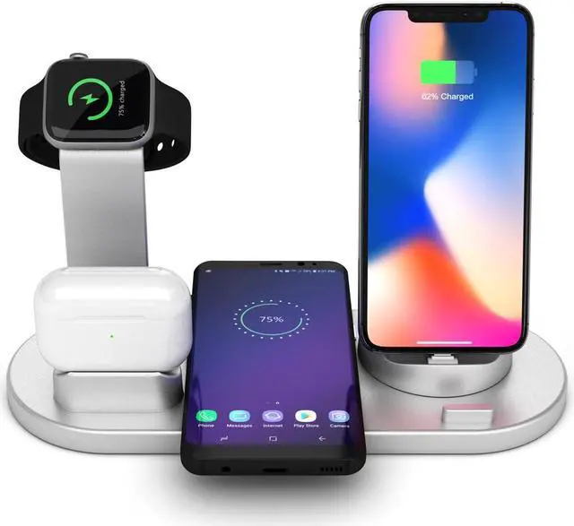 Alt view image 7 of 7 - QI wireless charger, suitable for Qi fast wireless charging station of AirPods/Apple Watch series/iPhone 12/11/11 pro/11 Pro Max/XS/XS Max/XR/8/8 Plus/SE, 4 in 1 Charging Dock Wireless charging stand