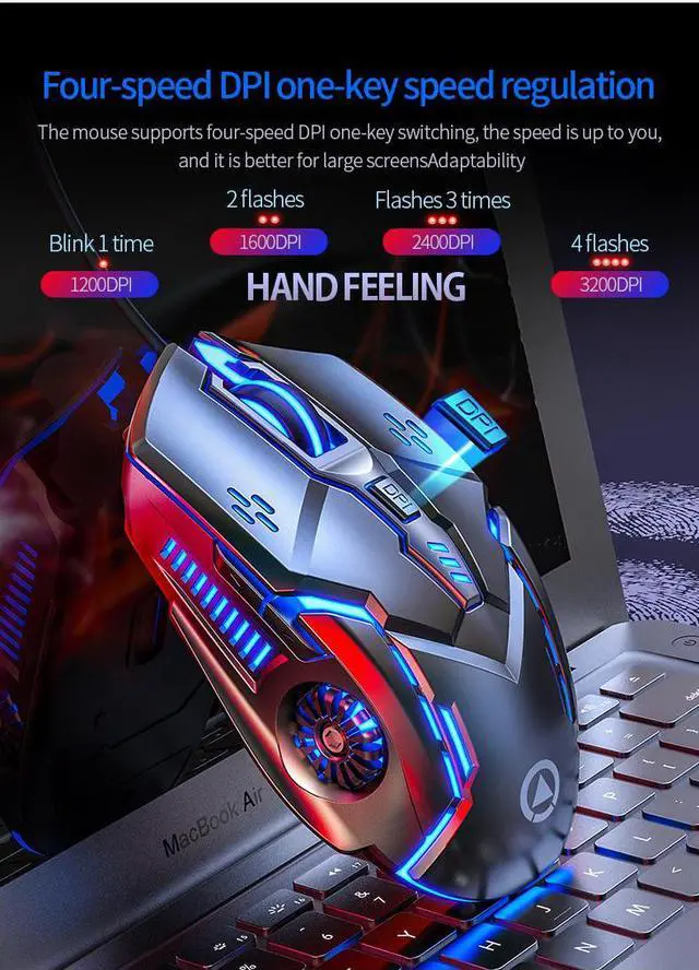 Alt view image 4 of 7 - WEIHE gaming mouse, RGB backlight, 3200 dpi, 6 keys, ergonomic USB optical gaming mouse, desktop laptop wired mouse Gray