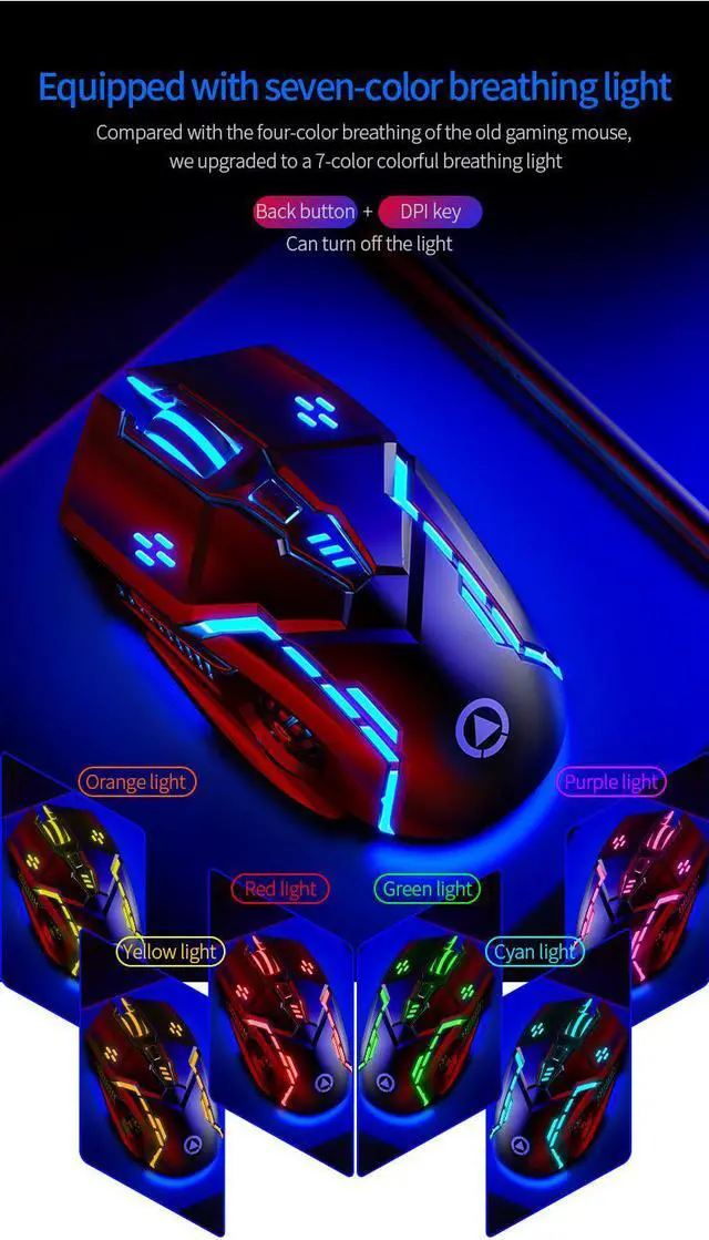 Alt view image 5 of 7 - WEIHE gaming mouse, RGB backlight, 3200 dpi, 6 keys, ergonomic USB optical gaming mouse, desktop laptop wired mouse Gray