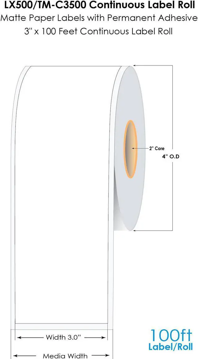 Main image of DuraFast LX500/TM-C3500 3"x100Ft Continuous Matte Paper Label Roll, LX500 Labels, TM-C3500 Labels, CW-C4000 Inkjet Labels with Permanent Adhesive