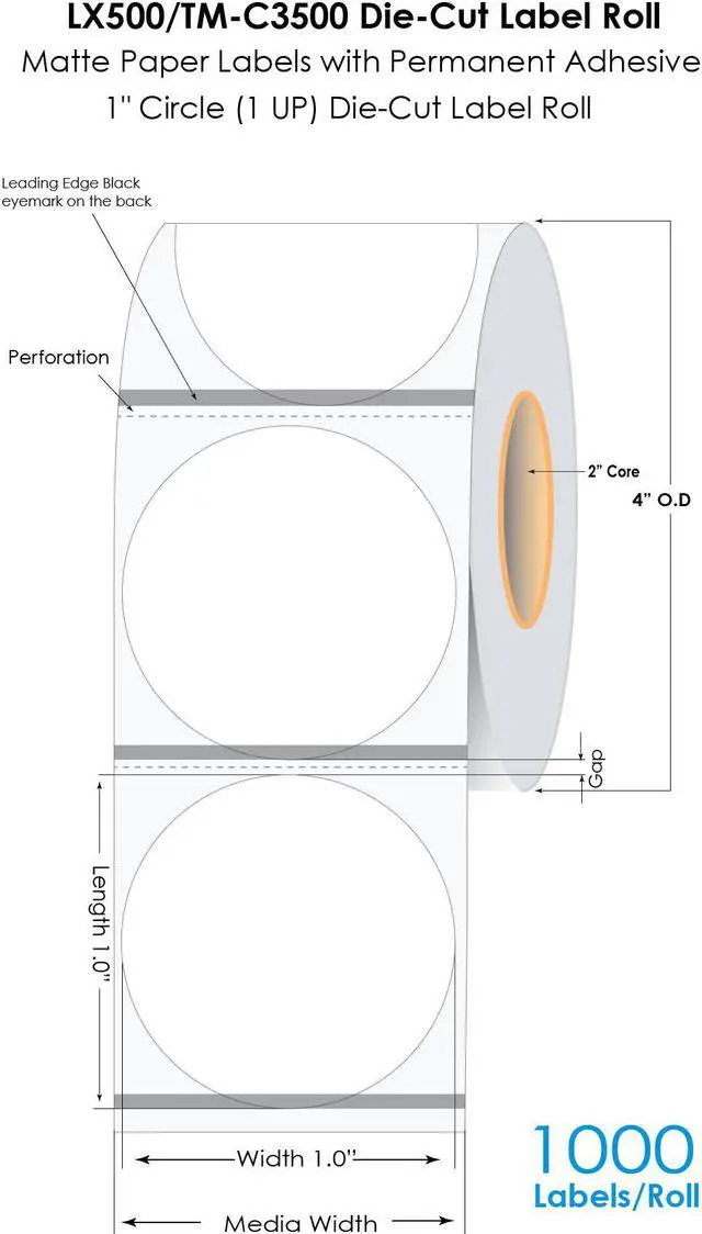 Main image of DuraFast LX500/TM-C3500 1" Circle Die Cut Matte Paper Label 1000/Roll, LX500 Labels, TM-C3500 Labels, CW-C4000 Inkjet Labels with Permanent Adhesive