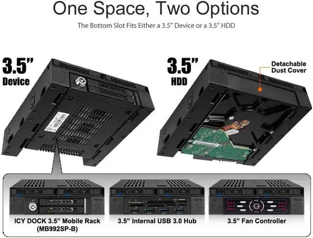 Alt view image 4 of 7 - ICY DOCK MB322SP-B | 2 x 2.5 SATA/SAS HDD/SSD to 5.25 Hot Swap Mobile Rack Cage w/ 3.5 Drive/Device Bay | ExpressCage Series