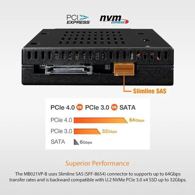 Alt view image 4 of 7 - ICY DOCK MB021VP-B | U.2 NVMe PCIe 4.0 SSD Tray-less Enclosure for 3.5" Drive Bay with SlimSAS (No Tri-mode Suport) | flexiDOCK Series