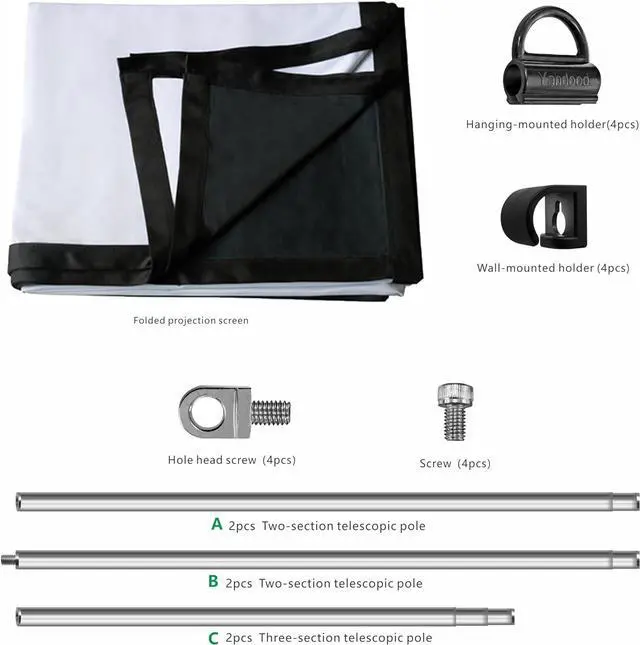 Alt view image 2 of 6 - Foldable Projector Screen 70 inch with Telescopic Rod Combination Frame 16:9 HD 4K Anti-Crease Black Backing Silver Portable Projection Screen (2024V)