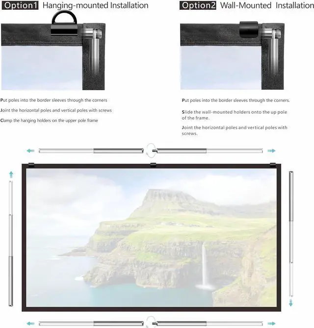 Alt view image 3 of 6 - Foldable Projector Screen 70 inch with Telescopic Rod Combination Frame 16:9 HD 4K Anti-Crease Black Backing Silver Portable Projection Screen (2024V)