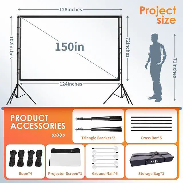 Alt view image 3 of 7 - AAJK 150-inch Portable Projector Screen with Stand Movie Screens for projectors Outdoor16:9 4K HD Movie Screen for Backyard Movie Night, Lightweight and Wrinkle-Free