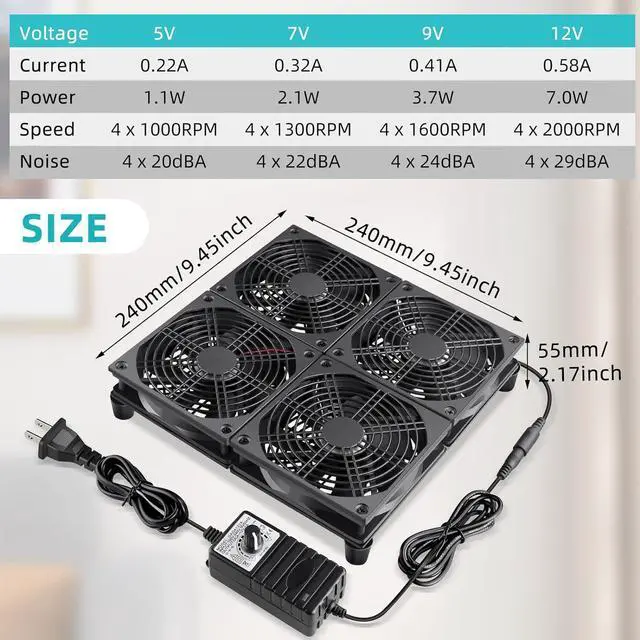 Alt view image 6 of 6 - Wathai 120mm x 4 Router TV Box Fan 110v - 240v Big Airflow with Speed Control for DIY Gaming Consoles, Amplifiers, Xbox, Laptop Stand, Mining Machines Devices Cooling