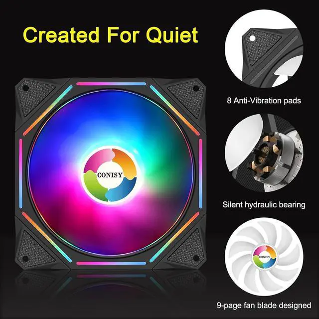Alt view image 3 of 7 - CONISY RGB LED Series 120mm Case Fan for Computer Case, Unique Ultra Quiet Long Life Gaming PC Cooling Fan - Colorful (2Pack)