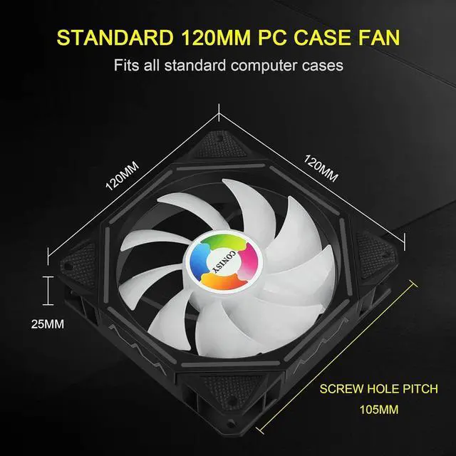 Alt view image 4 of 7 - CONISY RGB LED Series 120mm Case Fan for Computer Case, Unique Ultra Quiet Long Life Gaming PC Cooling Fan - Colorful (2Pack)