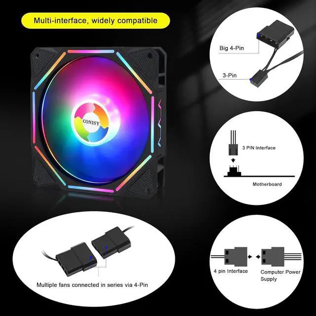 Alt view image 5 of 7 - CONISY RGB LED Series 120mm Case Fan for Computer Case, Unique Ultra Quiet Long Life Gaming PC Cooling Fan - Colorful (2Pack)