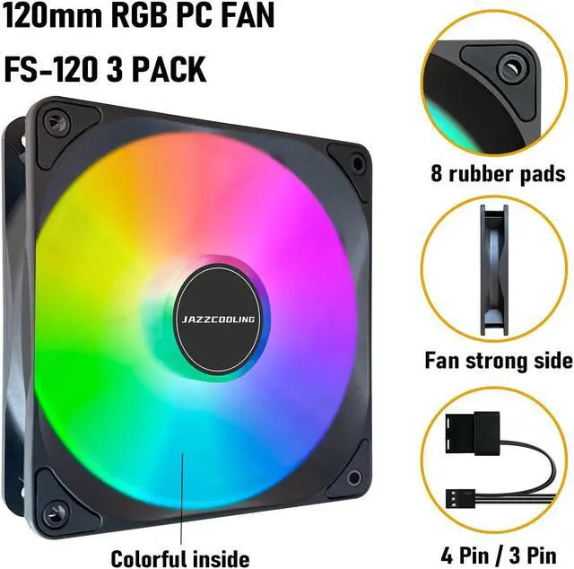 Alt view image 3 of 7 - FS-120 High Performance Quiet 120mm RGB Fans, 3 Pack - Low Noise PC Case Fans with Hydraulic Bearing - 12v 3pin and molex 4pin PSU Plug