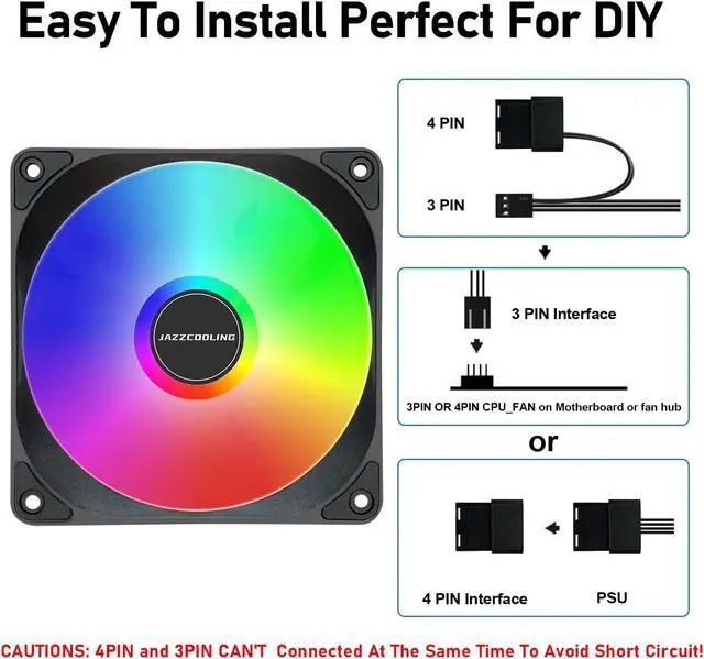 Alt view image 4 of 7 - FS-120 High Performance Quiet 120mm RGB Fans, 3 Pack - Low Noise PC Case Fans with Hydraulic Bearing - 12v 3pin and molex 4pin PSU Plug
