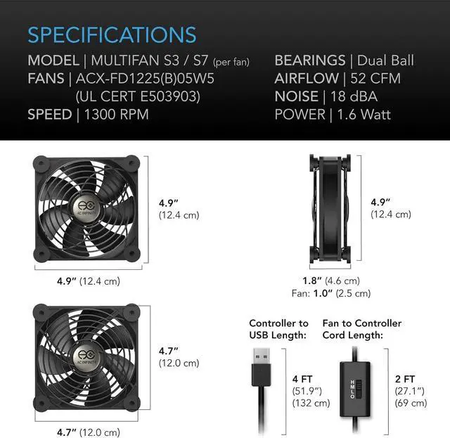Alt view image 6 of 7 - AC Infinity MULTIFAN S3, Quiet 120mm USB Fan, UL-Certified for Receiver DVR Playstation Xbox Computer Cabinet Cooling