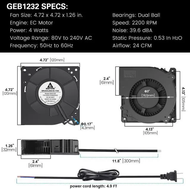 Alt view image 6 of 7 - GDSTIME Blower Fan Dual Ball Bearing 120mm x 120mm x 32mm (4.72x4.72x1.26 inch) 110V 115V 120V 220V 240V