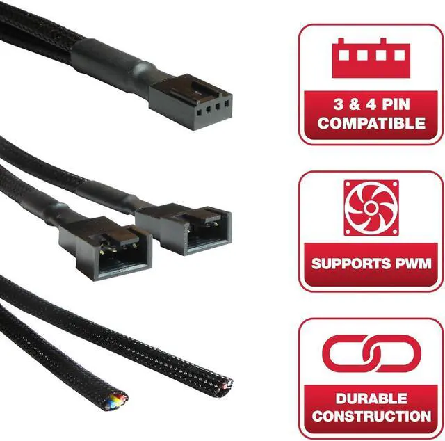 Alt view image 2 of 7 - PC Fan Splitter Extension Cable - 1 to 2 PWM Fan Splitter Compatible with 3 & 4 Pin PC Cooling Fans, 10.5 inch Black Braided Nylon Cable (2 Pack)