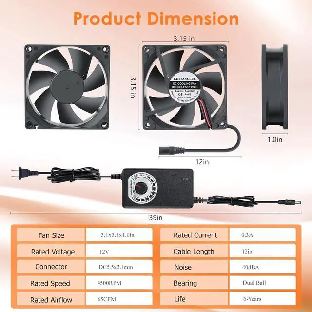 Alt view image 3 of 6 - 80mm Small Computer Fan with AC Plug, 110V 120V 220V 240V Fan with Speed Controller, Cooling for Gaming PC, Modem, Cabinet, Terrarium, Greenhouse
