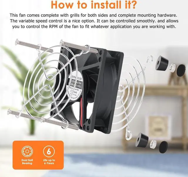 Alt view image 4 of 6 - 80mm Small Computer Fan with AC Plug, 110V 120V 220V 240V Fan with Speed Controller, Cooling for Gaming PC, Modem, Cabinet, Terrarium, Greenhouse