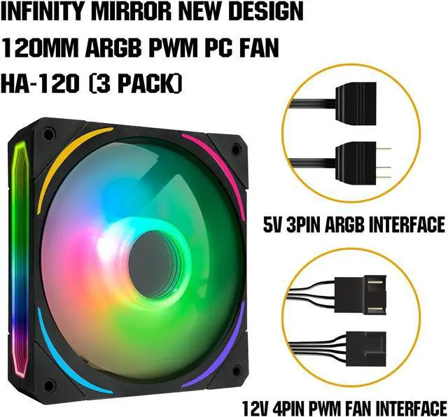 Alt view image 4 of 6 - RGB Fans 120mm PWM Fans 3 Pack PC argb Fans, HA-120 pc pwm RGB Fans with 12v 4pin pwm and 5v 3pin argb Plug, Infinity Mirror ARGB Addressable Lighting - Low Noise Computer Fans for PC Cooler and Case
