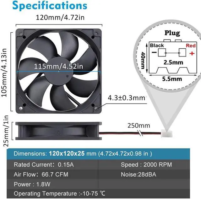Alt view image 3 of 7 - Wathai 120mm x 25mm 12V Computer Case Cooling Fan 12 Volt 2Pin High High Performance DC Fan 2 Pack