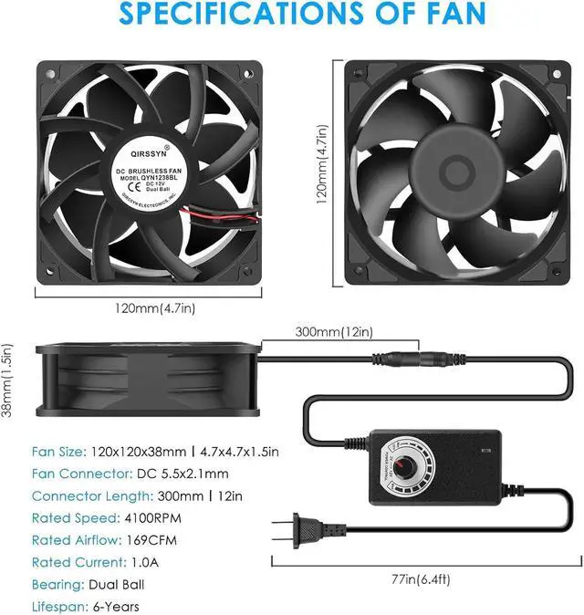 Alt view image 2 of 6 - High cfm Computer Fan 120mm x 38mm 110V 220V AC Powered Variable Speed Fan Cooling Components for Receiver Xbox DVR PlayStation Mining Rig Case Server Cabinet Grow Tent GPU Workstations