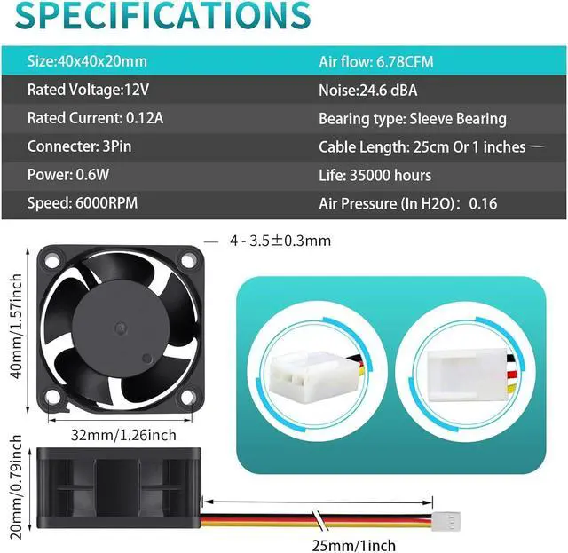 Alt view image 2 of 6 - Wathai 40mm x 20mm 3pin Computer Case Fan 12V High Speed Replacement for DIY CPU Cooler, Routers, Switches, NAS,DVRs Cooling 2 Pack