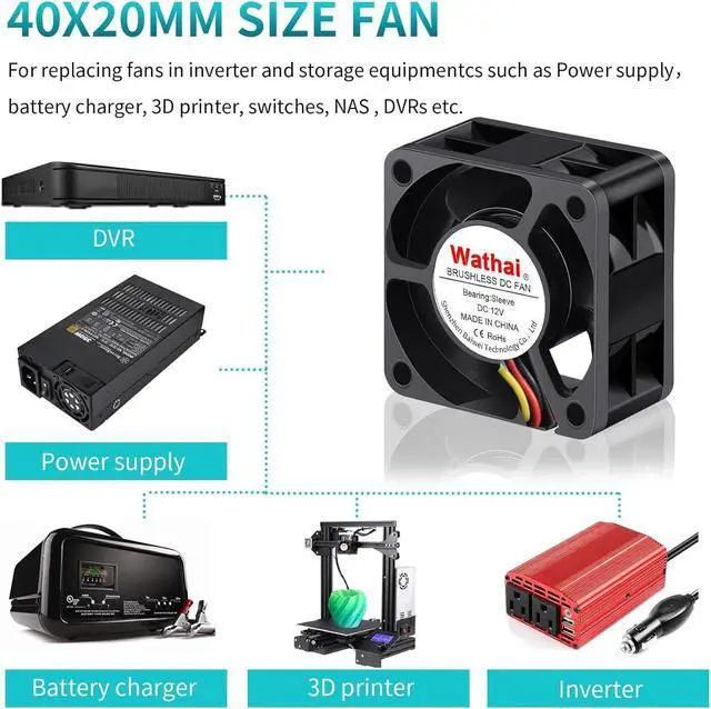 Alt view image 3 of 6 - Wathai 40mm x 20mm 3pin Computer Case Fan 12V High Speed Replacement for DIY CPU Cooler, Routers, Switches, NAS,DVRs Cooling 2 Pack