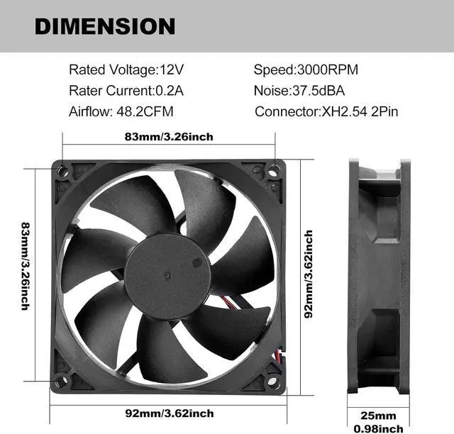 Alt view image 4 of 6 - 92mm 90mm 12V DC Moisture-Proof Fan High Airflow 12V 9025 2 Pin 2 Wire Small Square Exhaust Fan 3000RPM 2-Pack