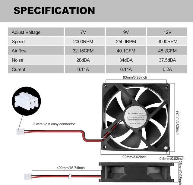Alt view image 6 of 6 - 92mm 90mm 12V DC Moisture-Proof Fan High Airflow 12V 9025 2 Pin 2 Wire Small Square Exhaust Fan 3000RPM 2-Pack