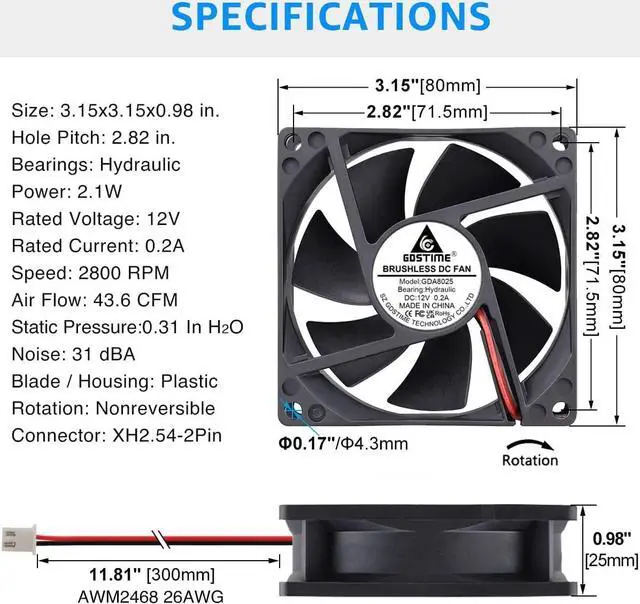 Alt view image 6 of 7 - GDSTIME 2 Pack 80mm x 80mm x 25mm 12V DC Brushless Cooling Fan