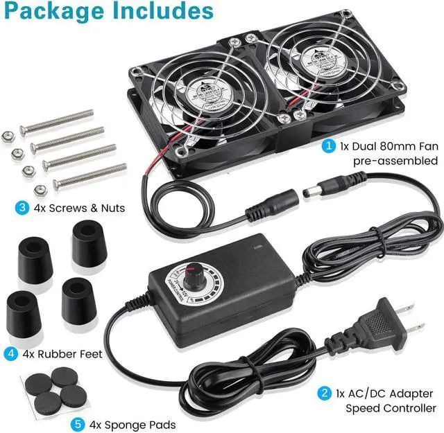 Alt view image 7 of 7 - GDSTIME Dual 80mm x 25mm Computer Fan with AC Plug, 110V 120V 240V Variable Speed Controller for Modem Router Receiver DVR PlayStation Xbox Mini PC Case AV Cabinet Cooling