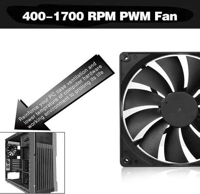 Alt view image 3 of 6 - 140mm Case Fan High Performance Standard Square PC Case Fan 4pin Connector 12V DC Computer CPU Case PWM Cooling Fan 1700RPM 3-Pack Black