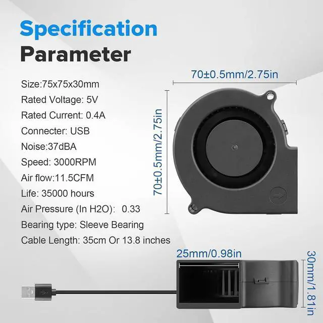 Alt view image 2 of 7 - Wathai 75mm x 30mm USB Blower Fan Turbine Centrifugal 5V for DIY Computer Case, Home Theater Receiver, 3D Printers, Electronics Cabinet Cooling