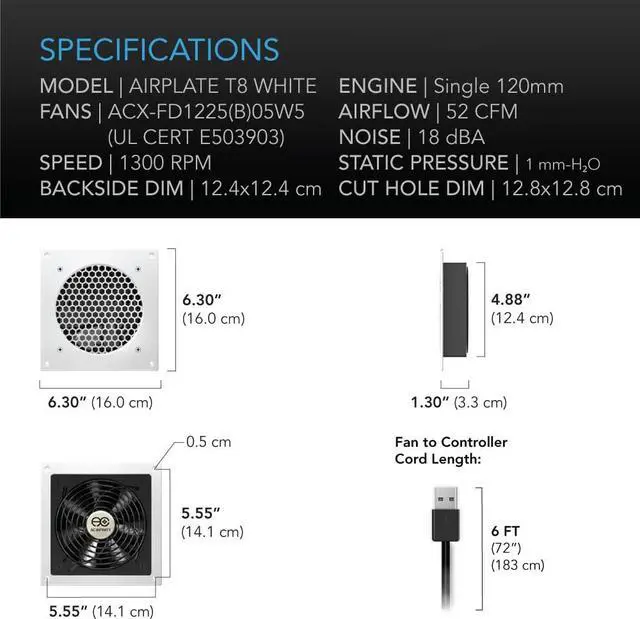 Alt view image 6 of 7 - AC Infinity AIRPLATE T8 White, Quiet Cooling Dual-Fan System 6" with Thermostat Control, for Home Theater AV Cabinets