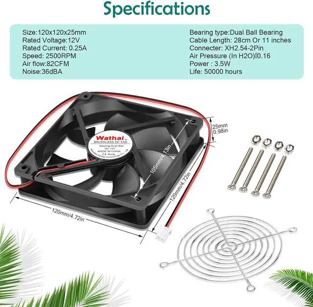 Alt view image 6 of 6 - Wathai 120mm x 25mm 12V DC Brushless Cooling Fan Dual Ball High Speed 2Pin for Computer Case Cooler