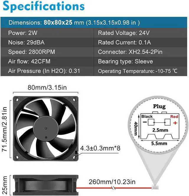 Alt view image 2 of 7 - Wathai 80mm x 25mm 24V Brushless Computer Fan 2Pin 24vdc Small Square Fans for DIY Cooling Ventilation Exhaust Projects 2 Pack