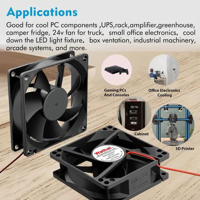 Alt view image 4 of 7 - Wathai 80mm x 25mm 24V Brushless Computer Fan 2Pin 24vdc Small Square Fans for DIY Cooling Ventilation Exhaust Projects 2 Pack